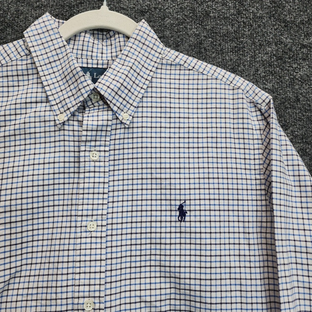 Ralph Lauren Classic Fit Men's Blue Check Button Down Oxford Shirt Cotton Size L
